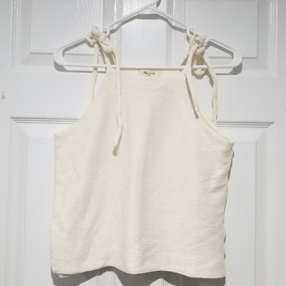 Madewell Cream Ottoman Jacquard Striped Textured Shoulder Thread Tie Cotton Tank